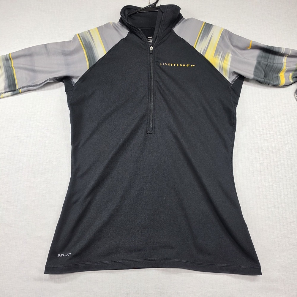 Nike Pro Black Grey Yellow Livestrong 1/4 Zip Long Sleeve L Athleisure Athletic - Picture 2 of 11